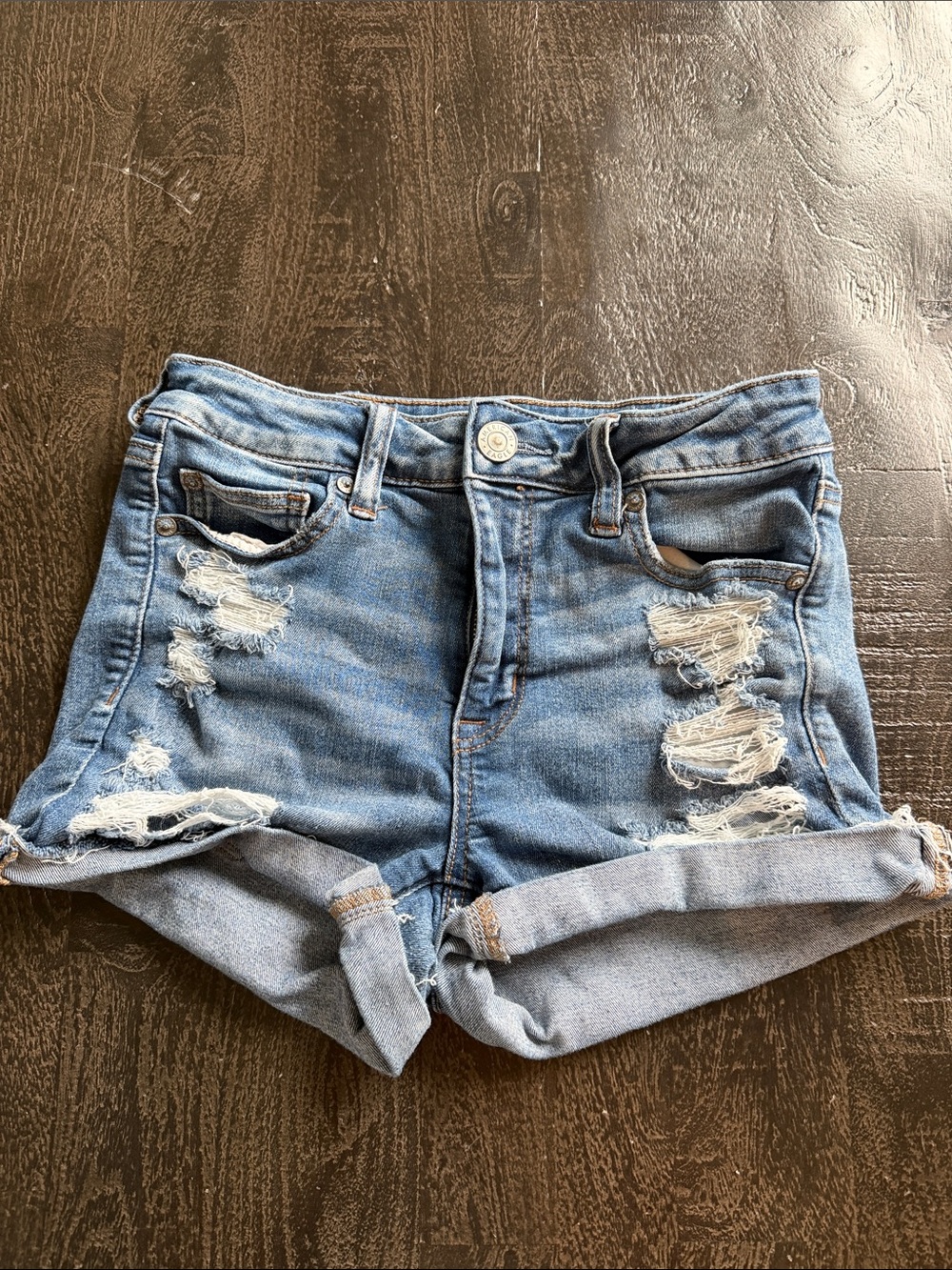 American Eagle Outfitters Distressed Rolled Hem Denim Shorts - Light Blue